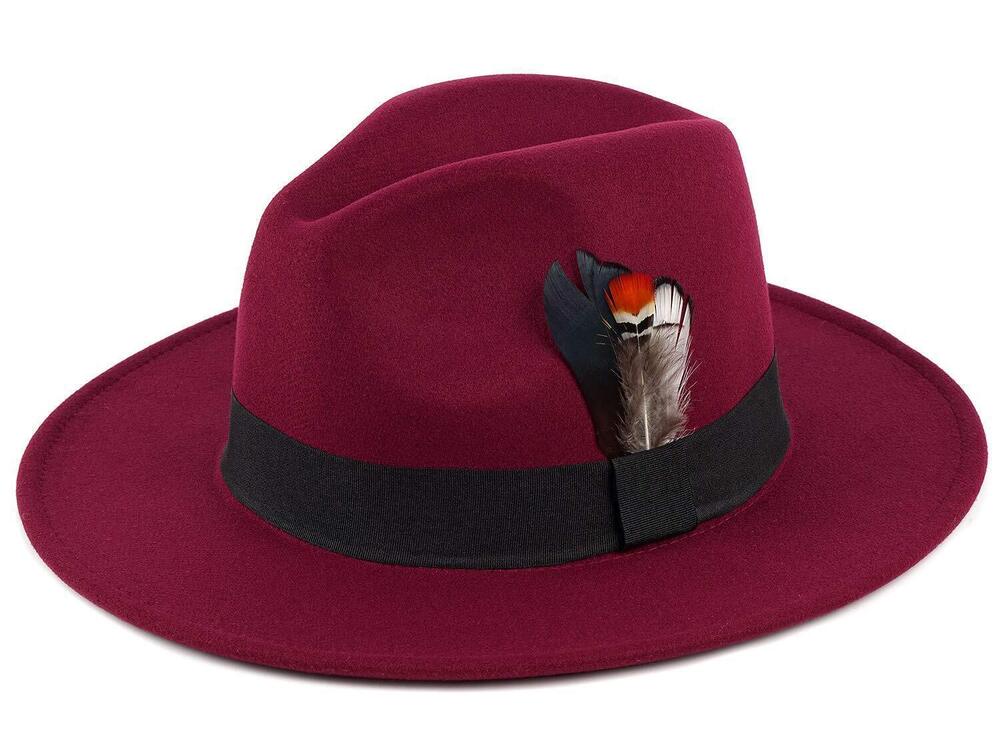 4293 Classic Fedora Hat & Wide Brim Felt Hat Panama Dress Hat Burgundy Red